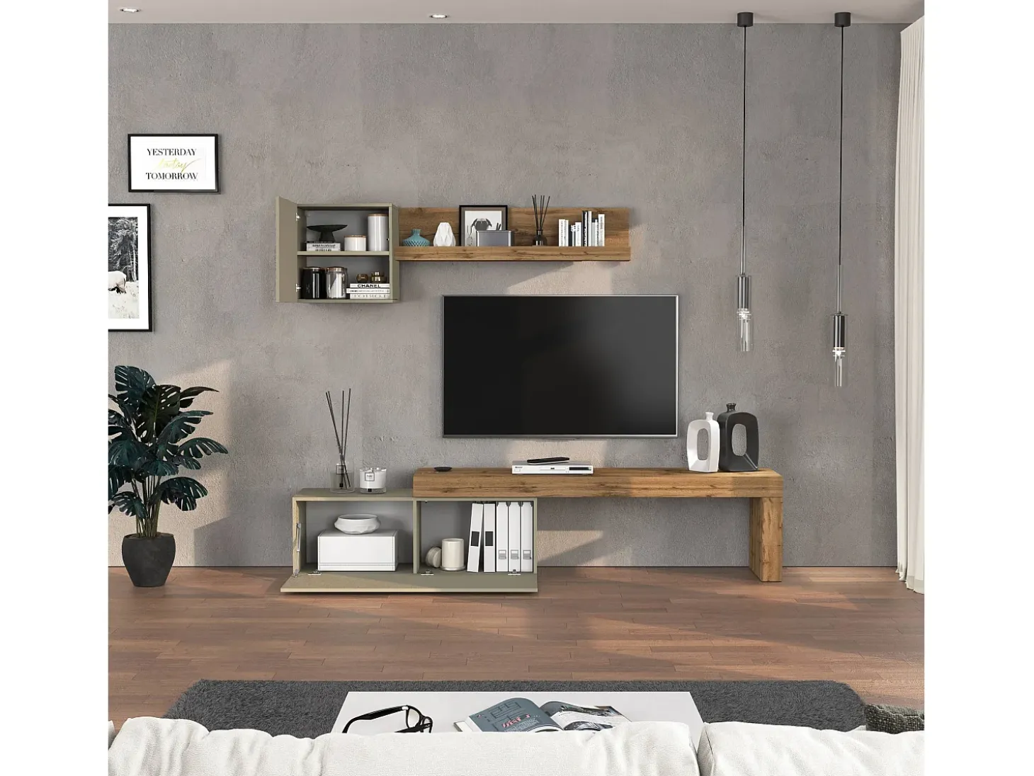 Conjunto de mueble de TV Chronos en topo mate y roble 180/290x40 cm