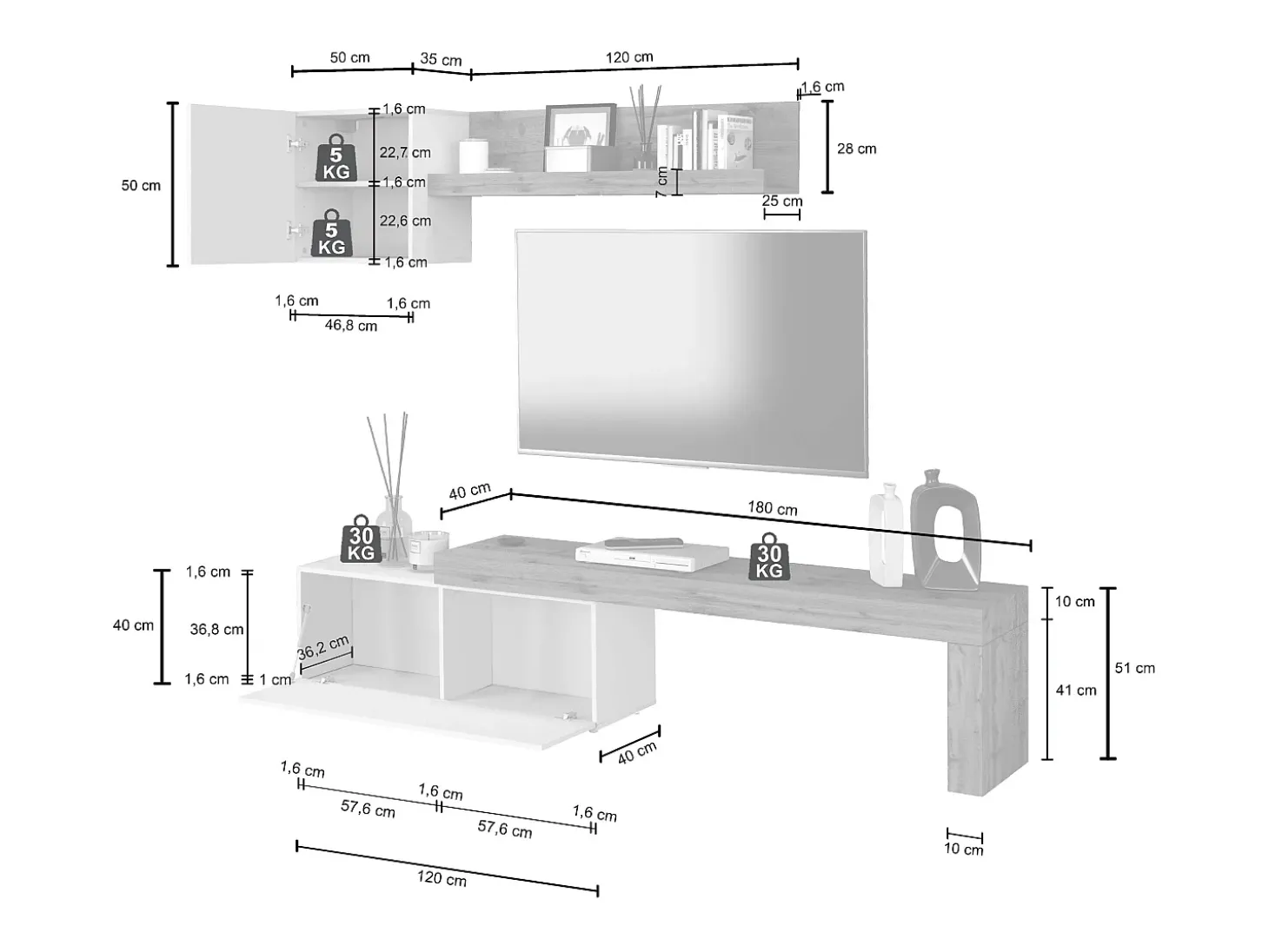 Conjunto de mueble de TV Chronos en topo mate y roble 180/290x40 cm