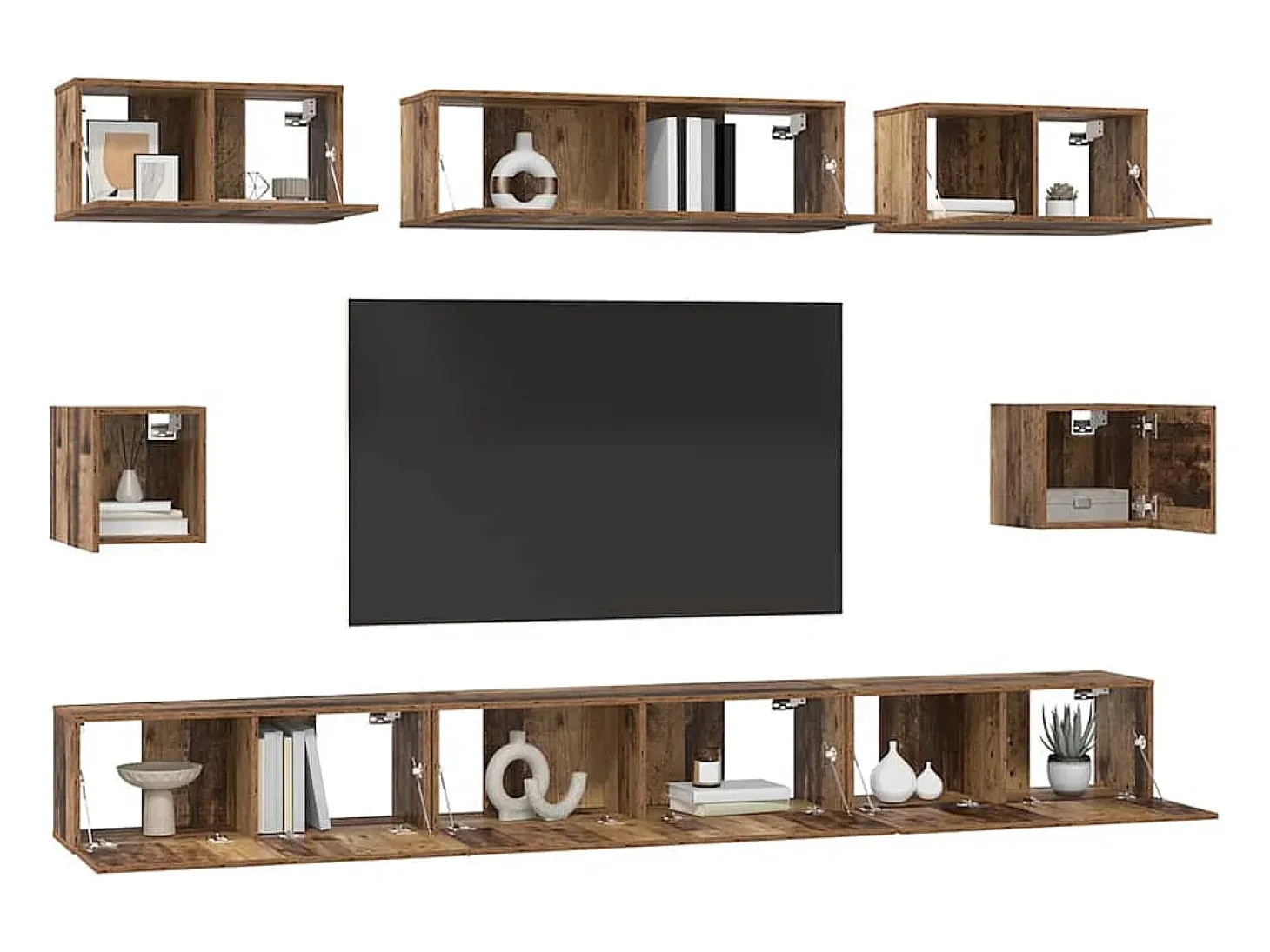 Conjunto de mueble de TV de 8 piezas, madera antigua, madera de ingeniería