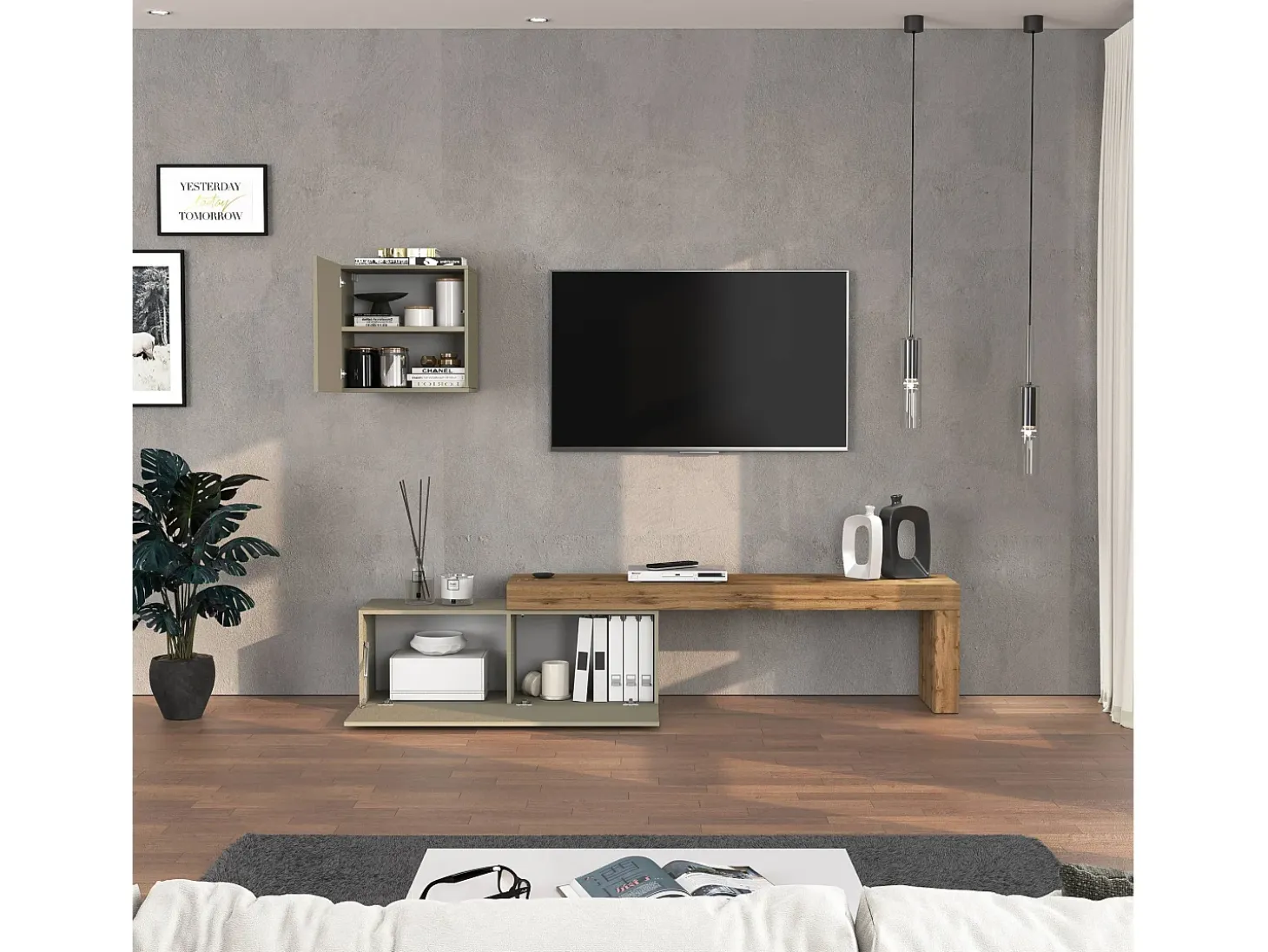Conjunto de mueble de TV Chronos en topo mate y roble 180/290x40 cm