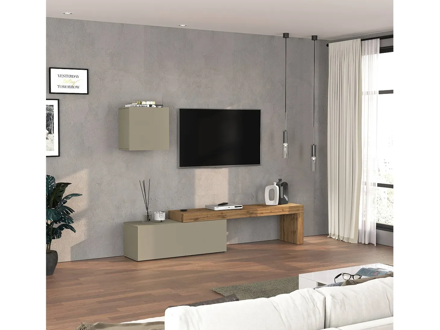 Conjunto de mueble de TV Chronos en topo mate y roble 180/290x40 cm