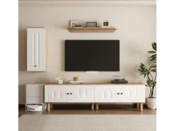 Conjunto de mueble TV mural de 3 piezas - Mueble TV, vitrina y estante - 5 puertas - Patas de madera maciza - Blanco + natural