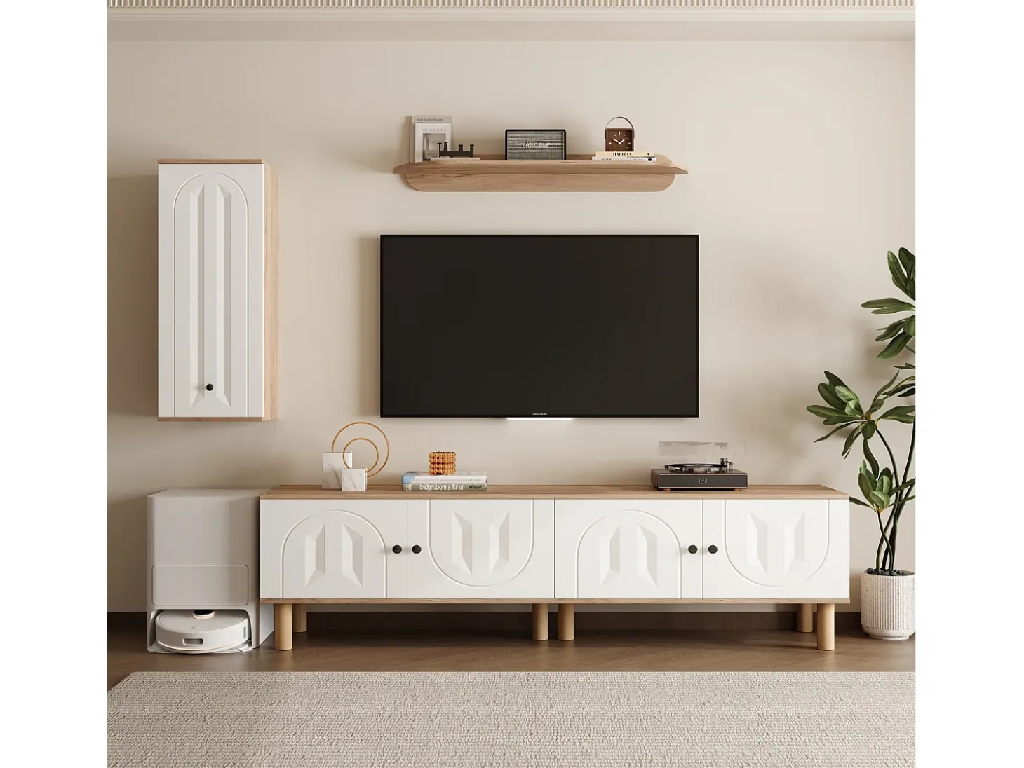 Conjunto de mueble TV mural de 3 piezas - Mueble TV, vitrina y estante - 5 puertas - Patas de madera maciza - Blanco + natural