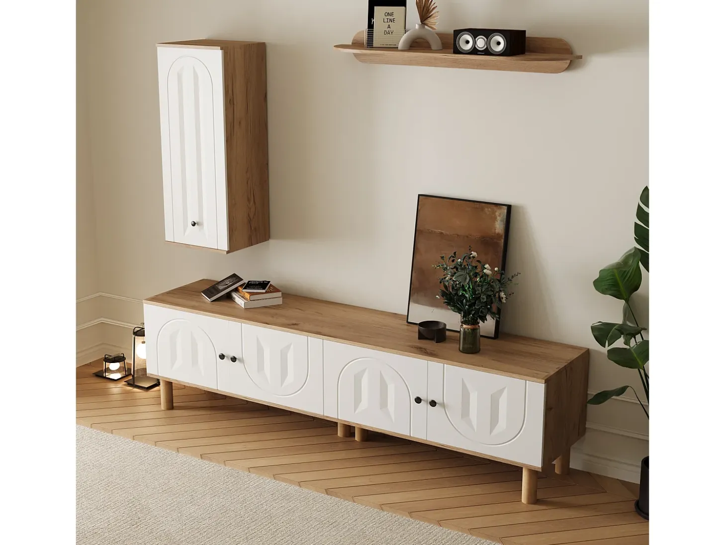 Conjunto de mueble TV mural de 3 piezas - Mueble TV, vitrina y estante - 5 puertas - Patas de madera maciza - Blanco + natural