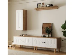 Conjunto de mueble TV mural de 3 piezas - Mueble TV, vitrina y estante - 5 puertas - Patas de madera maciza - Blanco + natural