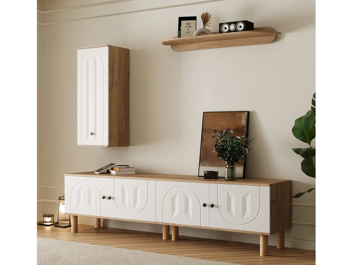 Conjunto de mueble TV mural de 3 piezas - Mueble TV, vitrina y estante - 5 puertas - Patas de madera maciza - Blanco + natural