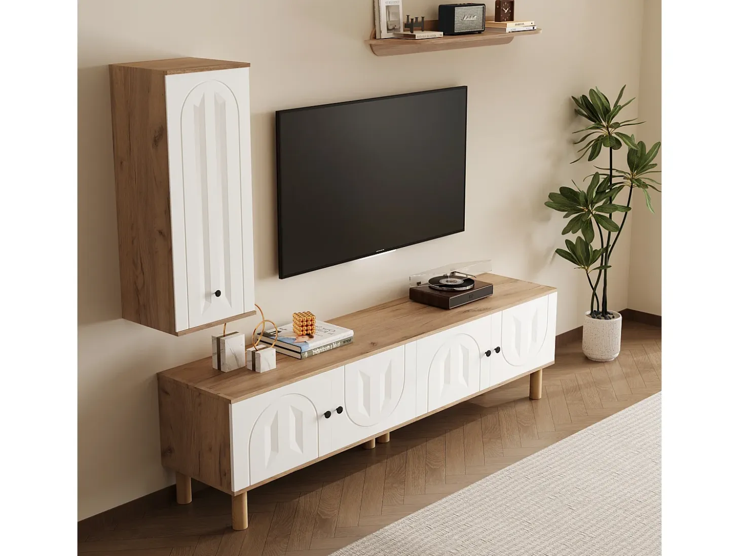 Conjunto de mueble TV mural de 3 piezas - Mueble TV, vitrina y estante - 5 puertas - Patas de madera maciza - Blanco + natural