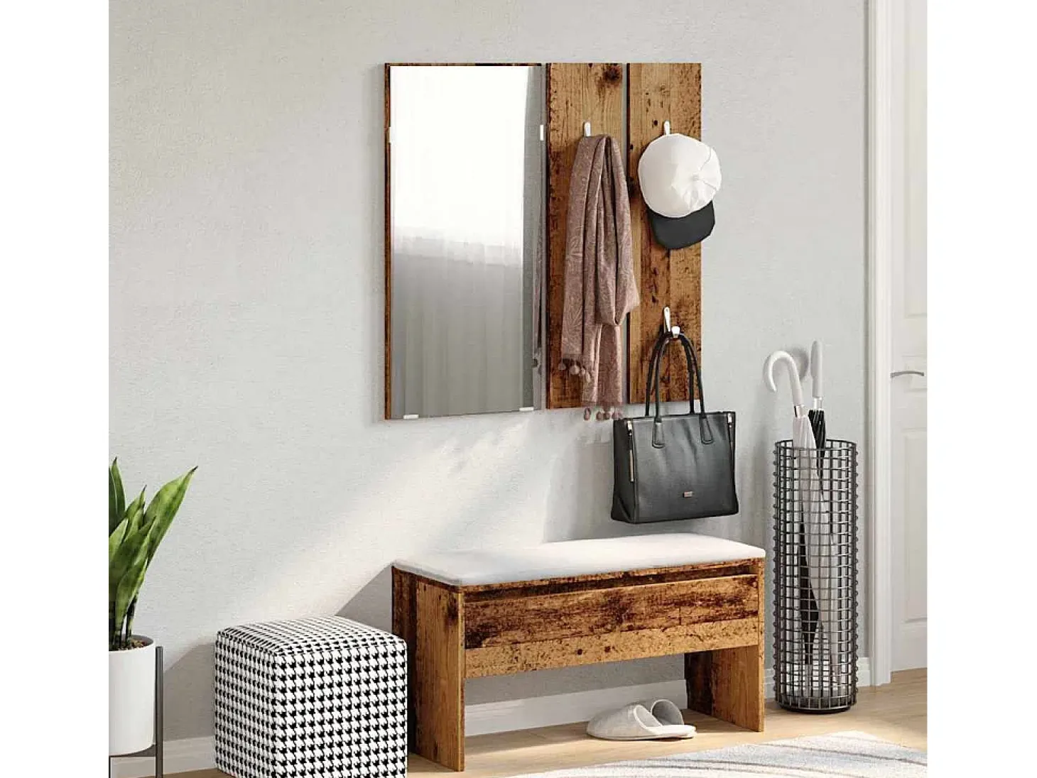 Conjunto de muebles de pasillo de madera vieja de ingeniería de madera