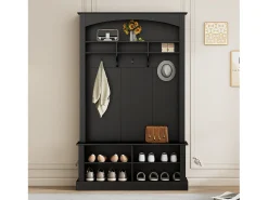 Conjunto de perchero con banco y estante, 3 ganchos para colgar, estantes abiertos, tablero de partículas, negro (Alto 190 x Ancho 120 x Fondo 40 cm)