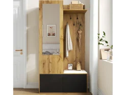 Conjunto de recibidor con 5 ganchos, espejo, zapatero y banco, MDF, negro y natural (100 x 38 x 191 cm)