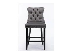 Conjunto de taburetes de bar con detalles remachados y patas de madera, tapizado con tachuelas cromadas, terciopelo, gris