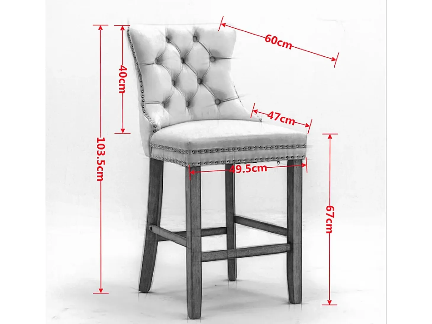 Conjunto de taburetes de bar con detalles remachados y patas de madera, tapizado con tachuelas cromadas, terciopelo, gris