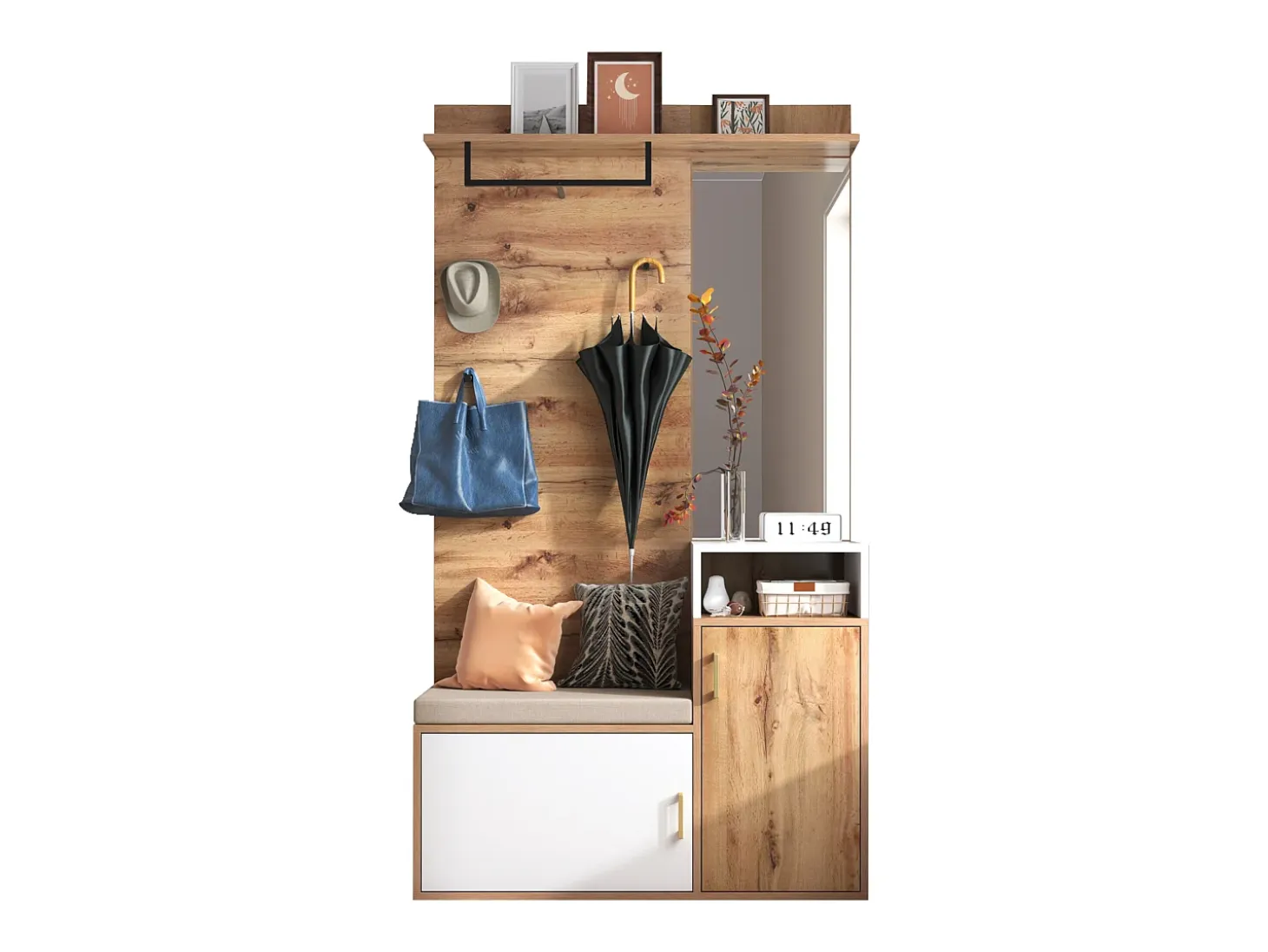 Conjunto de vestidor con espejo, banco y zapatero, diseño escandinavo, MDF y tablero de partículas, (105x40x190,5 cm)