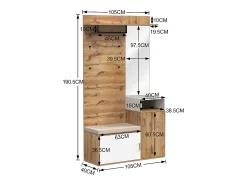 Conjunto de vestidor con espejo, banco y zapatero, diseño escandinavo, MDF y tablero de partículas, (105x40x190,5 cm)