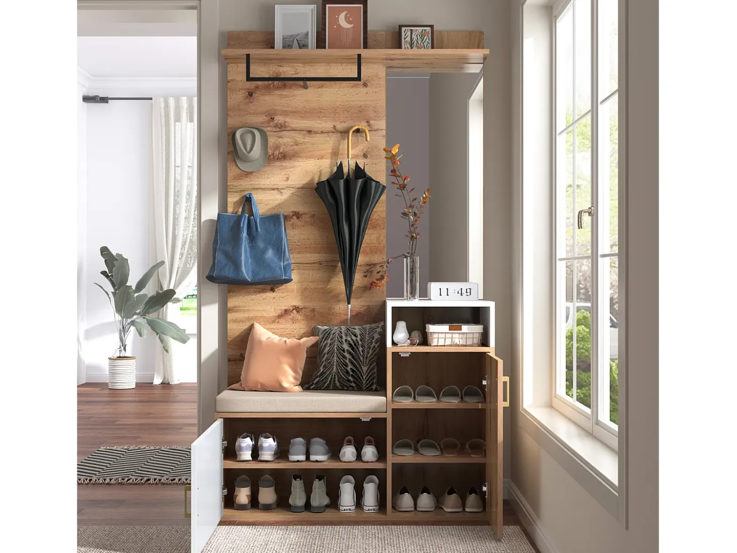 Conjunto de vestidor con espejo, banco y zapatero, diseño escandinavo, MDF y tablero de partículas, (105x40x190,5 cm)
