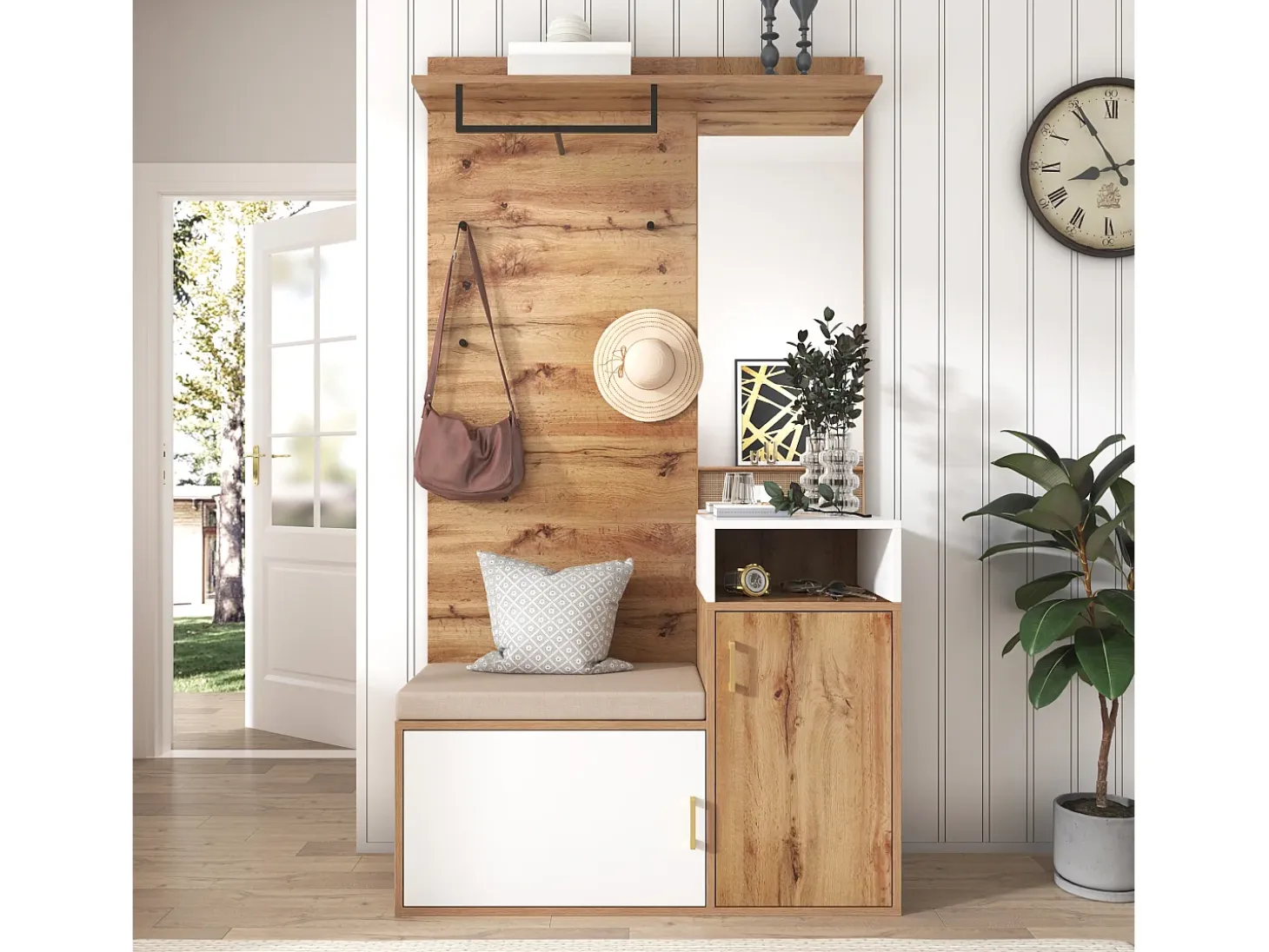 Conjunto de vestidor con espejo, banco y zapatero, diseño escandinavo, MDF y tablero de partículas, (105x40x190,5 cm)