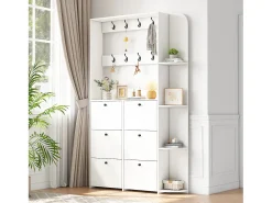 Conjunto de vestidor de entrada 120x24x200 cm - con mueble de zapatos - 8 ganchos - Blanco