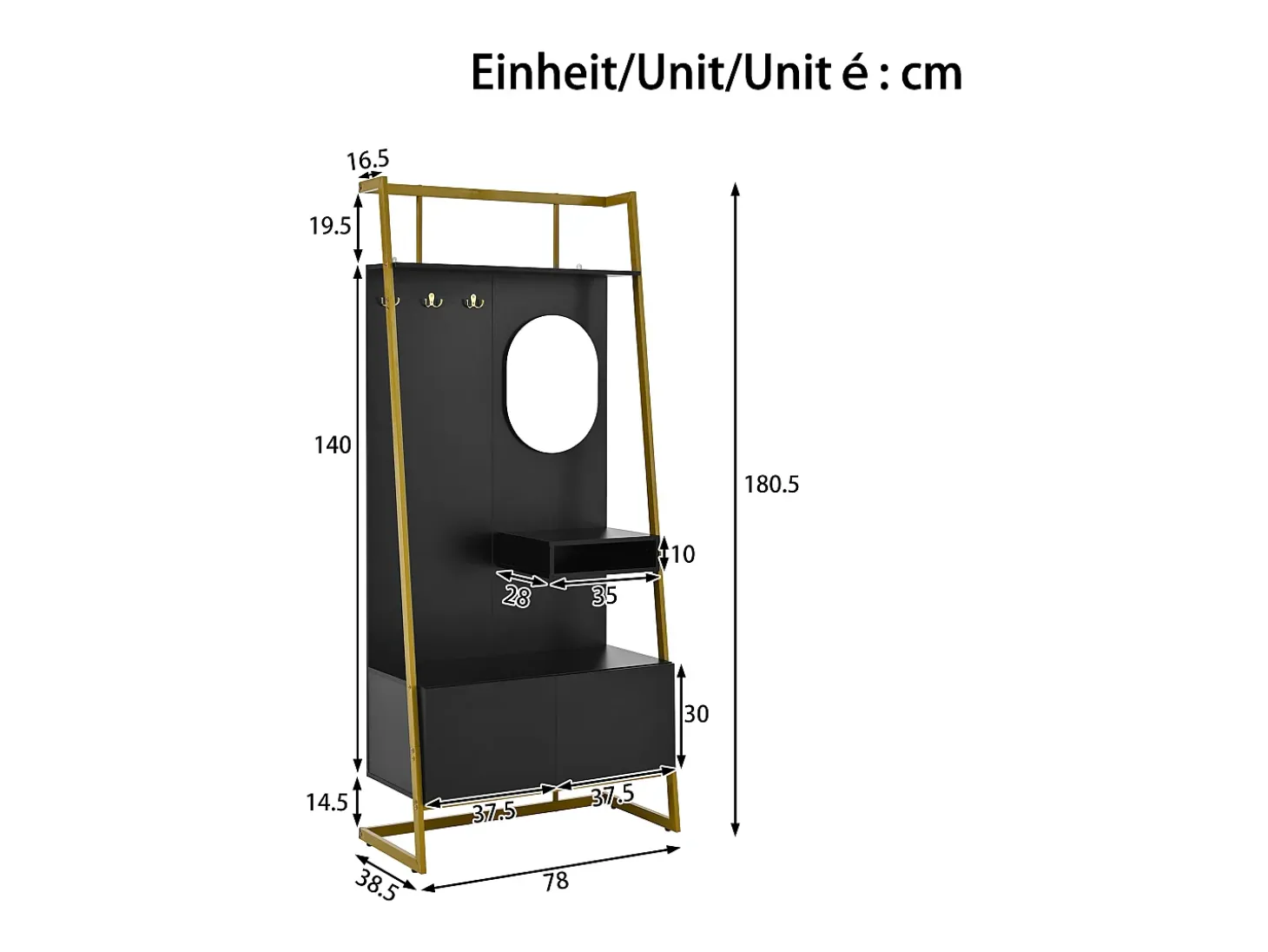 Conjunto de vestidor de entrada 78x38,5x180,5 cm - con espejo y ganchos - Mueble para zapatos - con estantes - Negro