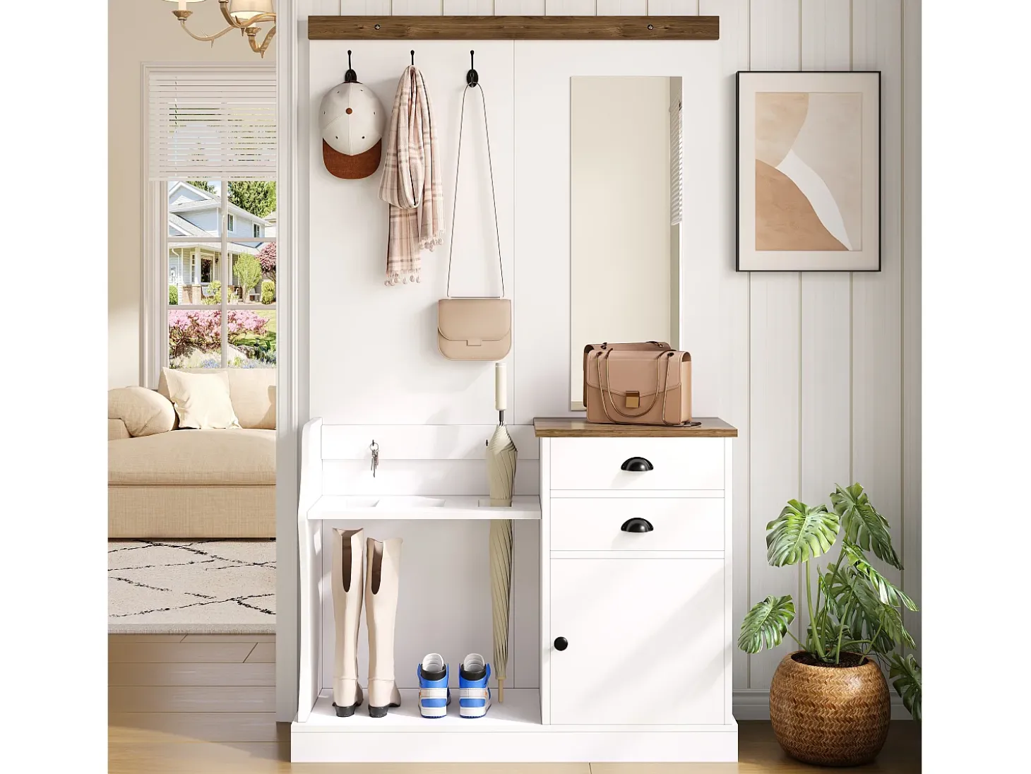 Conjunto de vestidor de entrada 110.5x38x191 cm - con espejo y ganchos - 2 cajones y 1 puerta - con paragüero - Blanco