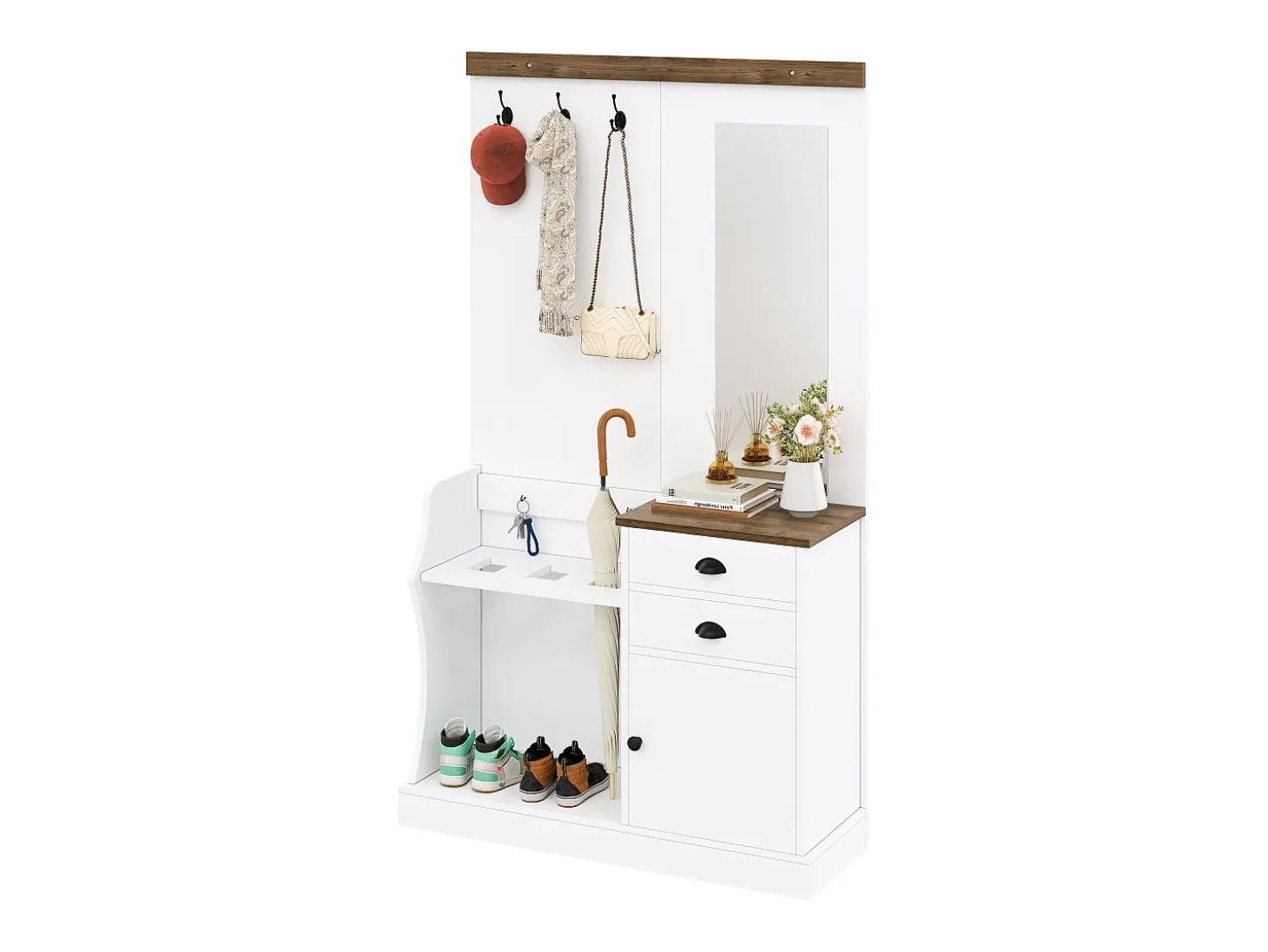 Conjunto de vestidor de entrada 110.5x38x191 cm - con espejo y ganchos - 2 cajones y 1 puerta - con paragüero - Blanco