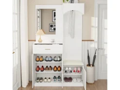 Conjunto de vestidor de entrada 110x33x185,5 cm - 3 puertas y 1 cajón - Mueble para zapatos y banco para calzado - con espejo - Blanco