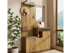 Conjunto de vestidor de entrada 110x37x185,5 cm - con espejo y ganchos - Mueble para zapatos y banco para calzado - Natural