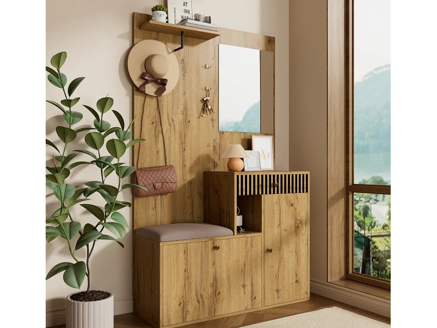 Conjunto de vestidor de entrada 110x37x185,5 cm - con espejo y ganchos - Mueble para zapatos y banco para calzado - Natural