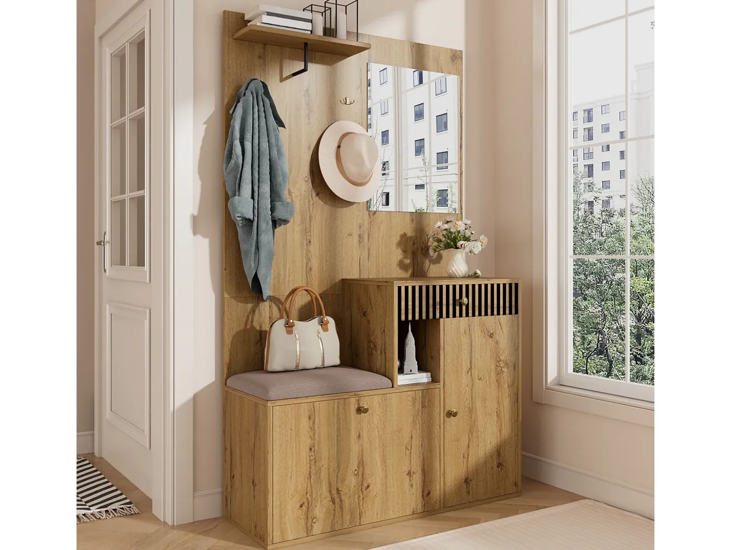 Conjunto de vestidor de entrada 110x37x185,5 cm - con espejo y ganchos - Mueble para zapatos y banco para calzado - Natural