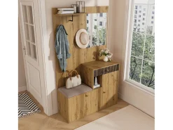 Conjunto de vestidor de entrada 110x37x185,5 cm - con espejo y ganchos - Mueble para zapatos y banco para calzado - Natural