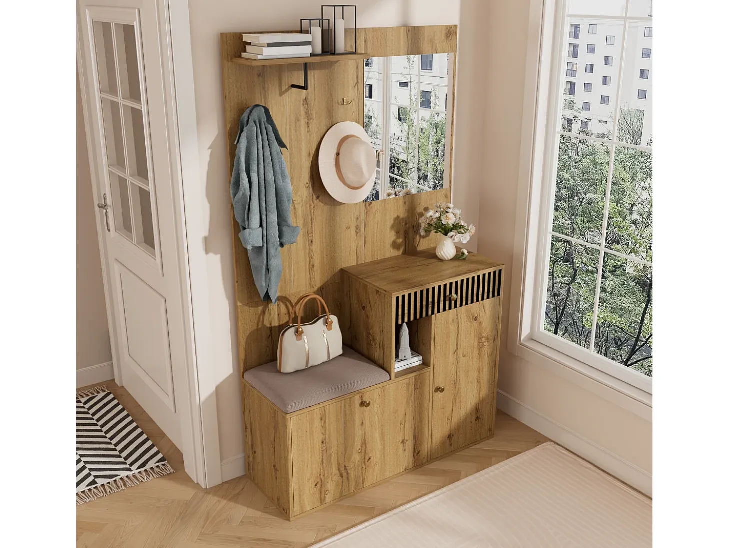 Conjunto de vestidor de entrada 110x37x185,5 cm - con espejo y ganchos - Mueble para zapatos y banco para calzado - Natural