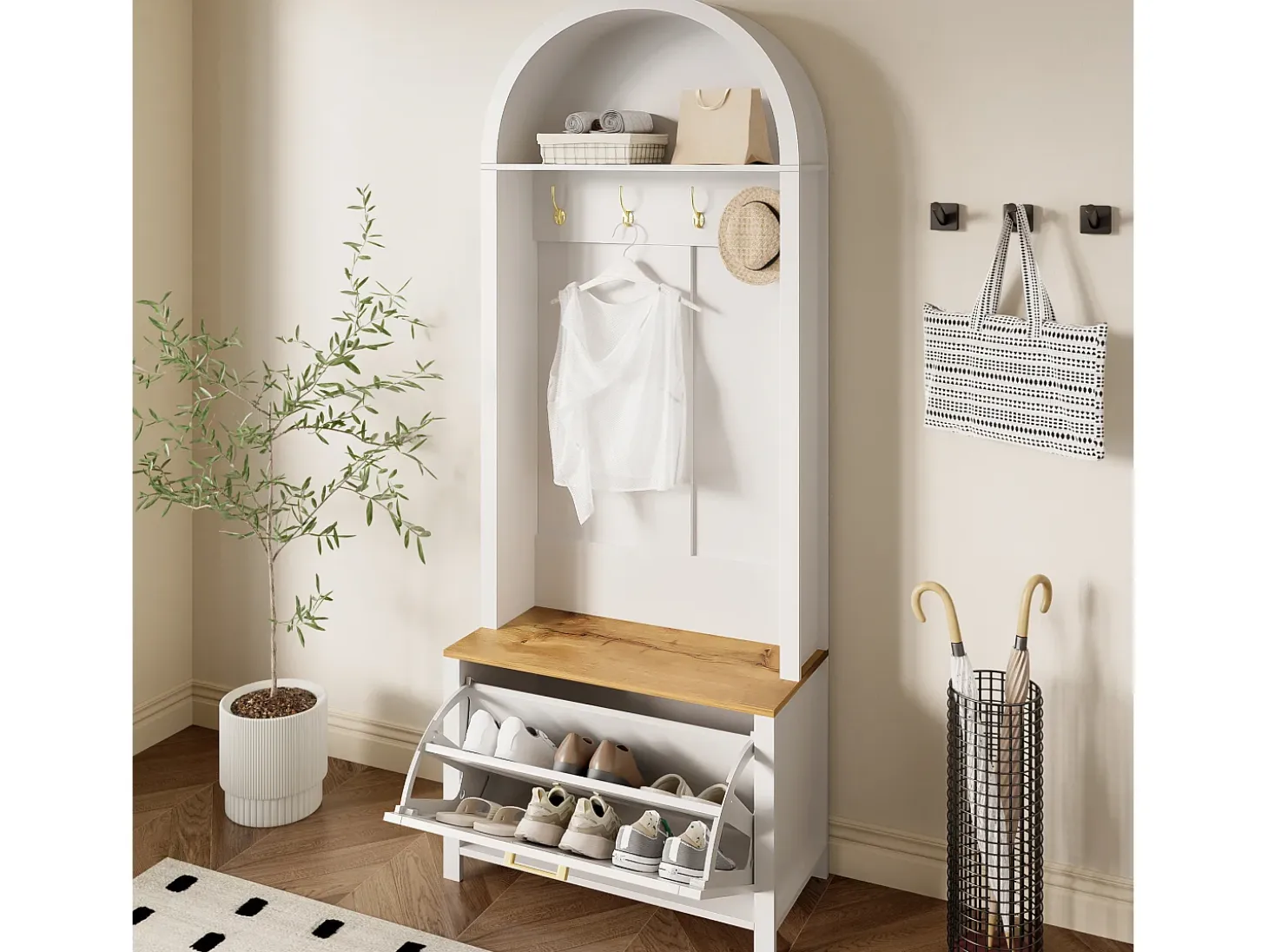 Conjunto de vestidor de entrada 75x35x195 cm - con mueble para zapatos y ganchos - con estantes - Blanco