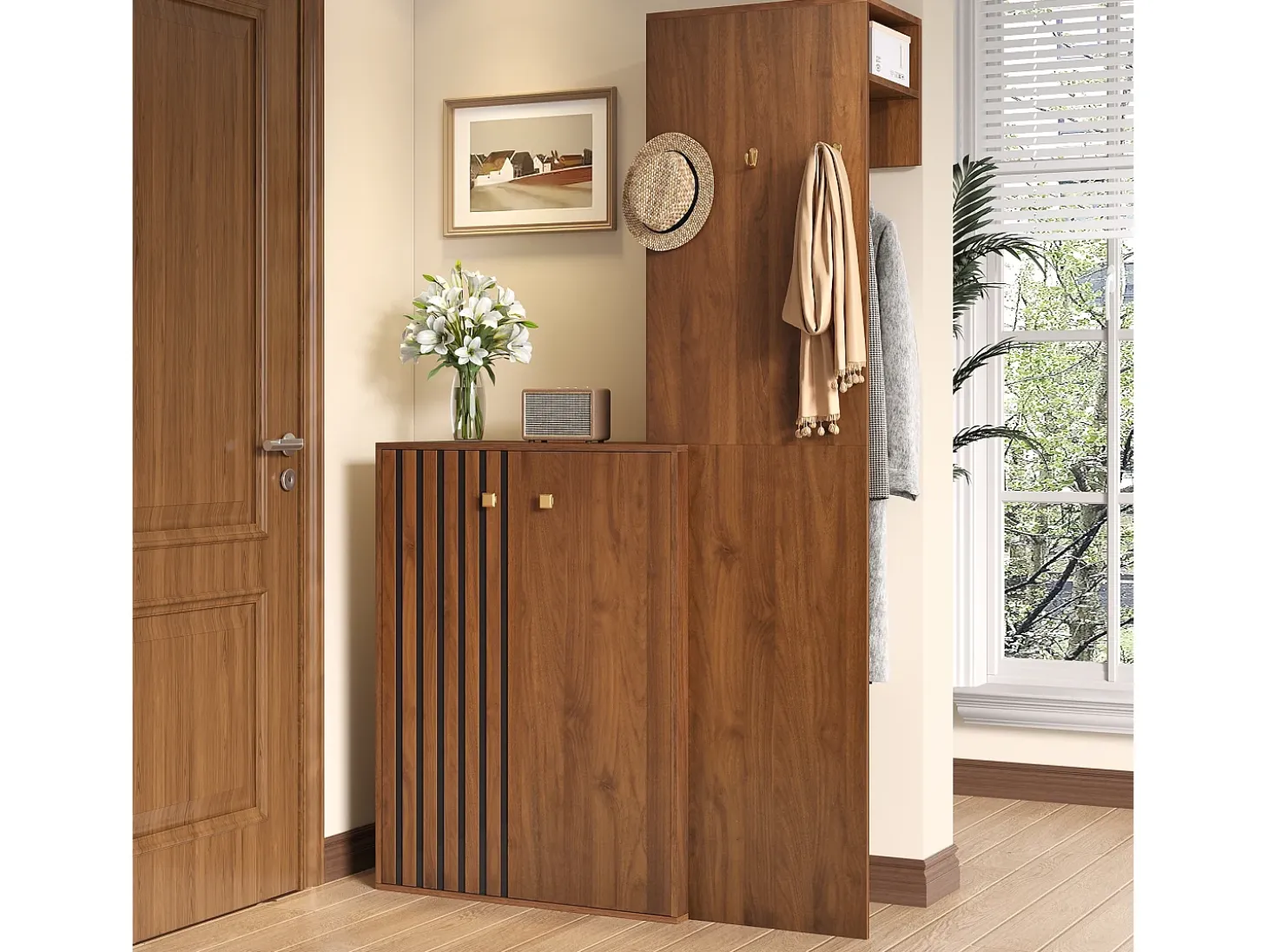 Conjunto de vestidor de entrada moderno - Zapatero + Perchero - Con barra y ganchos - MDF - Color nogal (Requiere taladro)