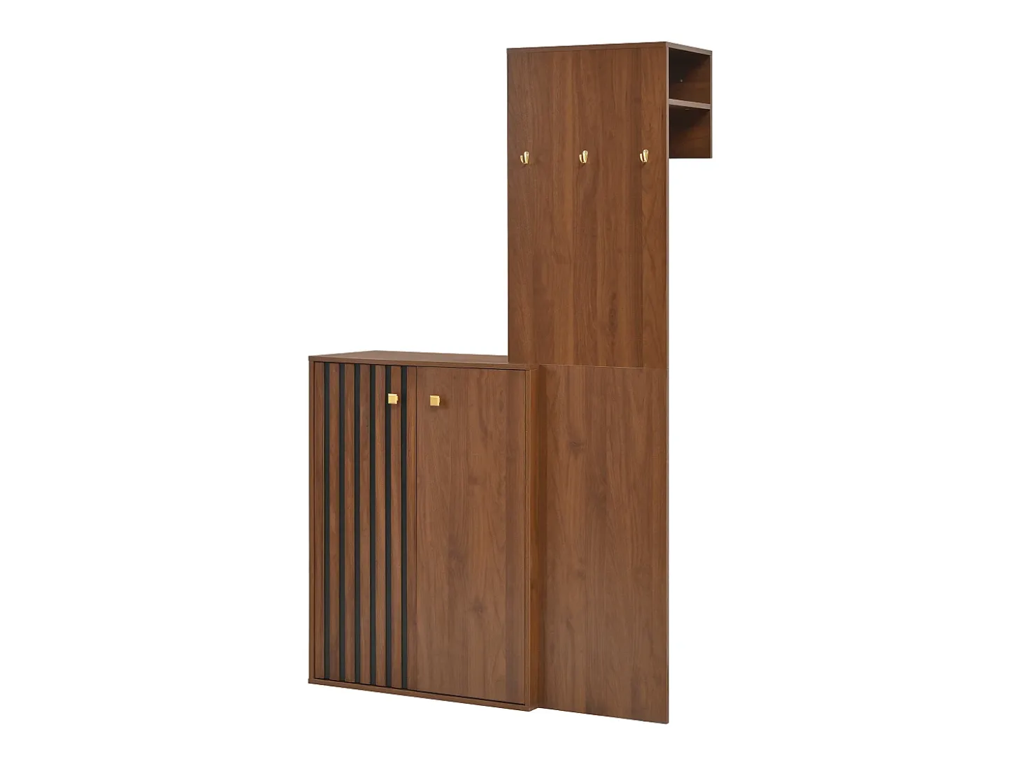 Conjunto de vestidor de entrada moderno - Zapatero + Perchero - Con barra y ganchos - MDF - Color nogal (Requiere taladro)