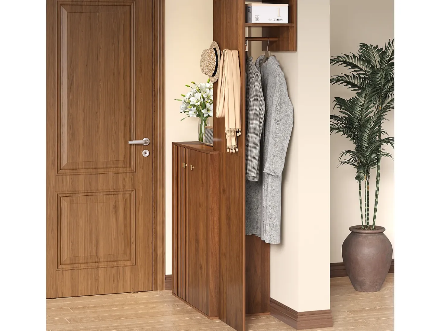 Conjunto de vestidor de entrada moderno - Zapatero + Perchero - Con barra y ganchos - MDF - Color nogal (Requiere taladro)