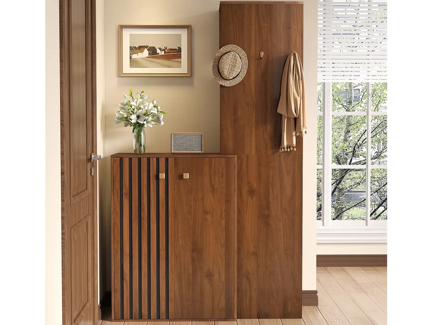 Conjunto de vestidor de entrada moderno - Zapatero + Perchero - Con barra y ganchos - MDF - Color nogal (Requiere taladro)