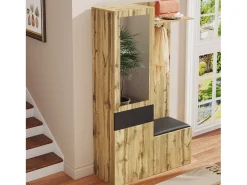 Conjunto de vestidor de entrada 98.5×38×191 cm - con perchero y zapatero - perchas y 1 espejo - natural + negro