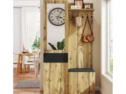 Conjunto de vestidor de entrada 98.5×38×191 cm - con perchero y zapatero - perchas y 1 espejo - natural + negro
