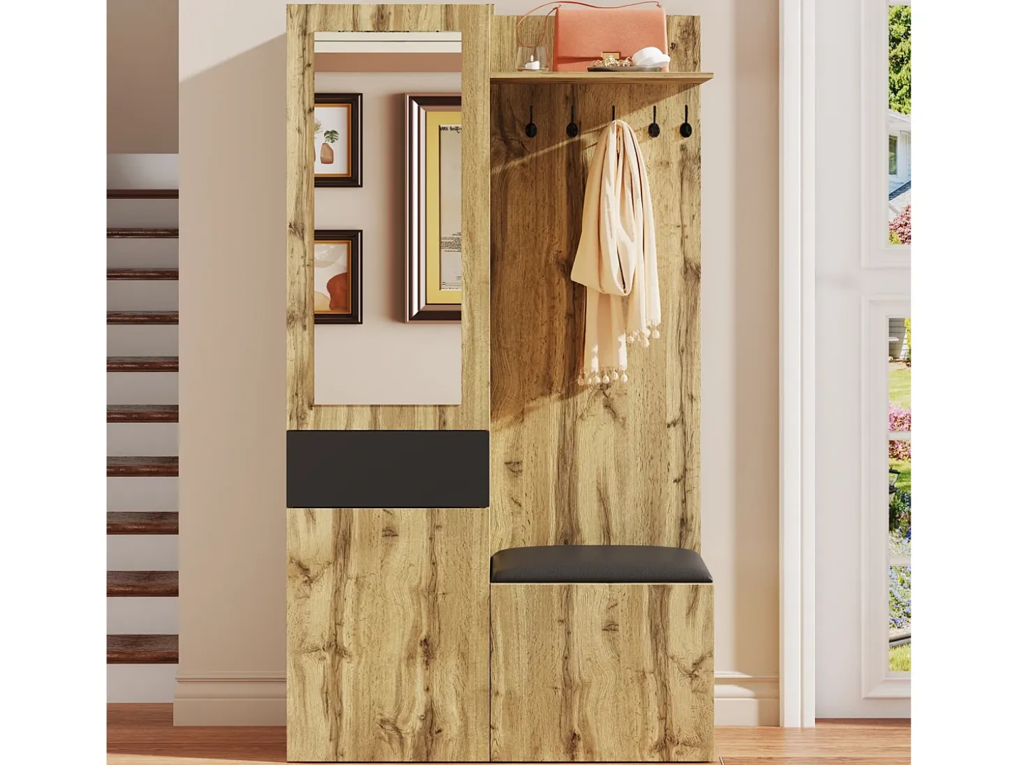 Conjunto de vestidor de entrada 98.5×38×191 cm - con perchero y zapatero - perchas y 1 espejo - natural + negro