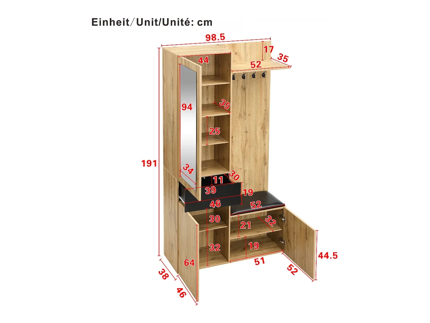 Conjunto de vestidor de entrada 98.5×38×191 cm - con perchero y zapatero - perchas y 1 espejo - natural + negro