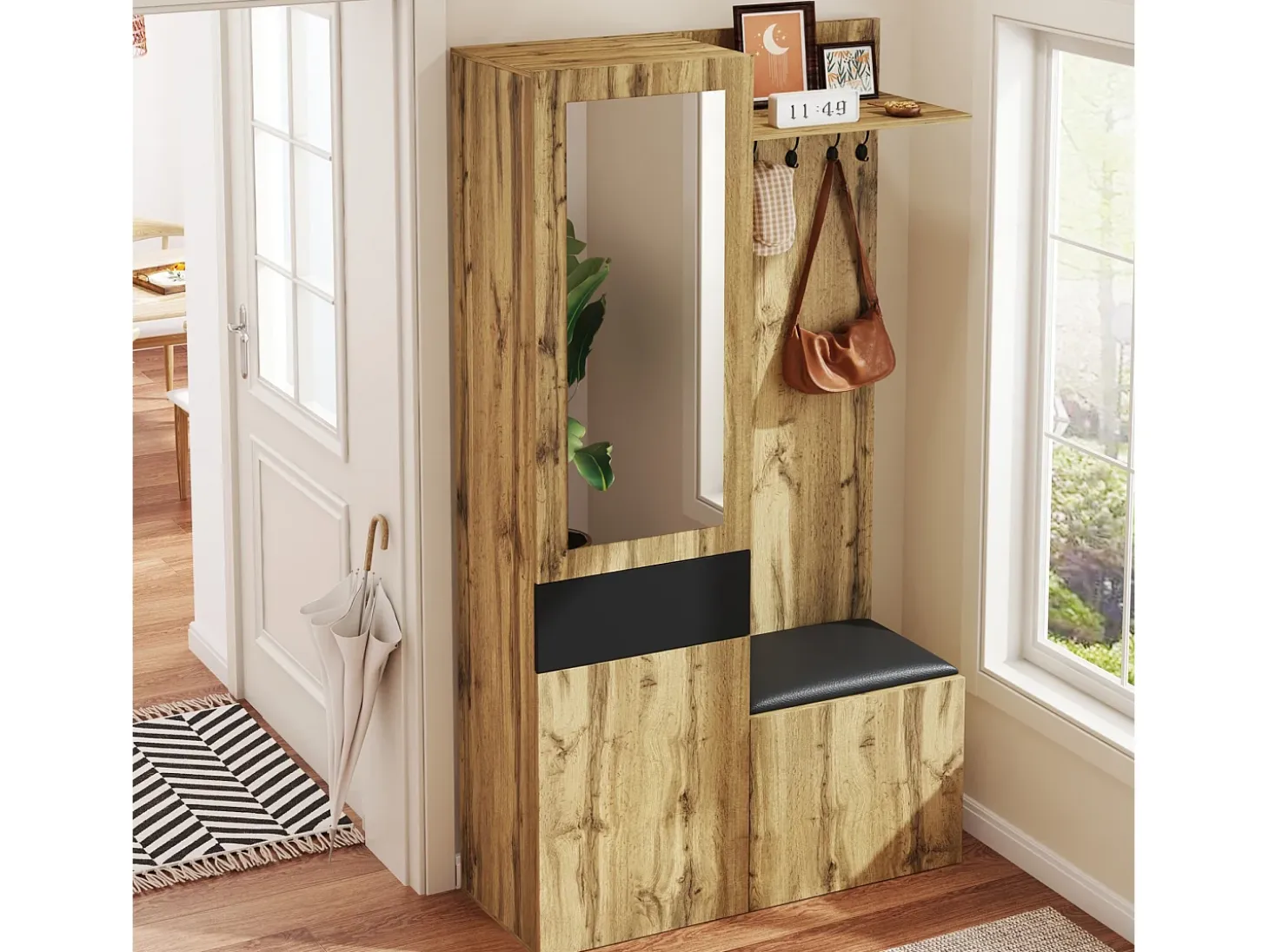 Conjunto de vestidor de entrada 98.5×38×191 cm - con perchero y zapatero - perchas y 1 espejo - natural + negro