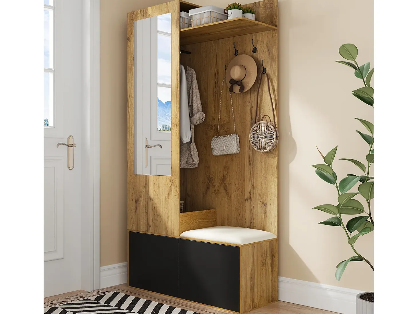 Conjunto de vestidor de entrada 100×38×191 cm - con perchero y zapatero - perchas y 1 espejo - natural + negro