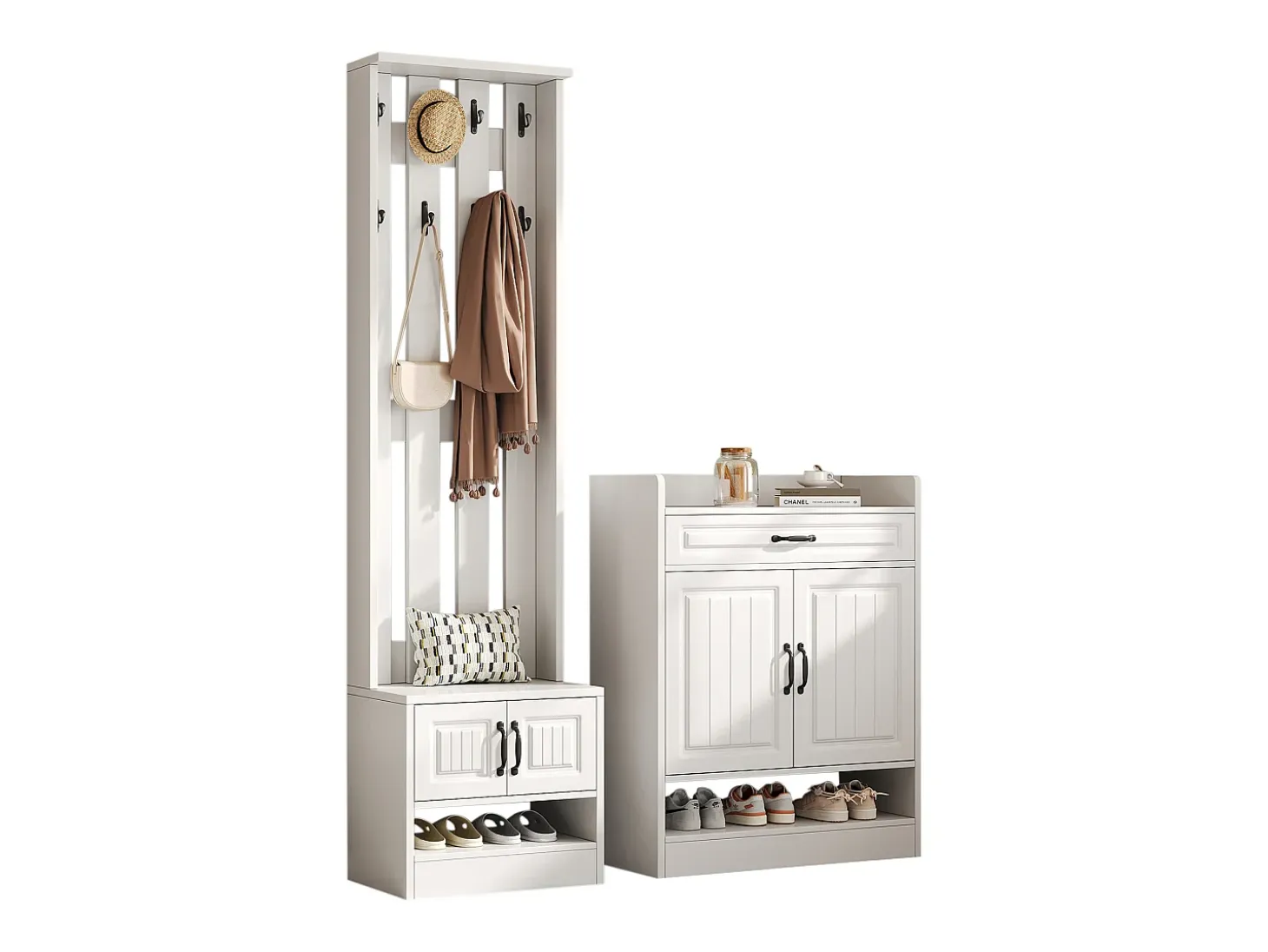 Conjunto de vestidor de entrada - 1 perchero y 1 mueble para zapatos - con 8 ganchos - Blanco