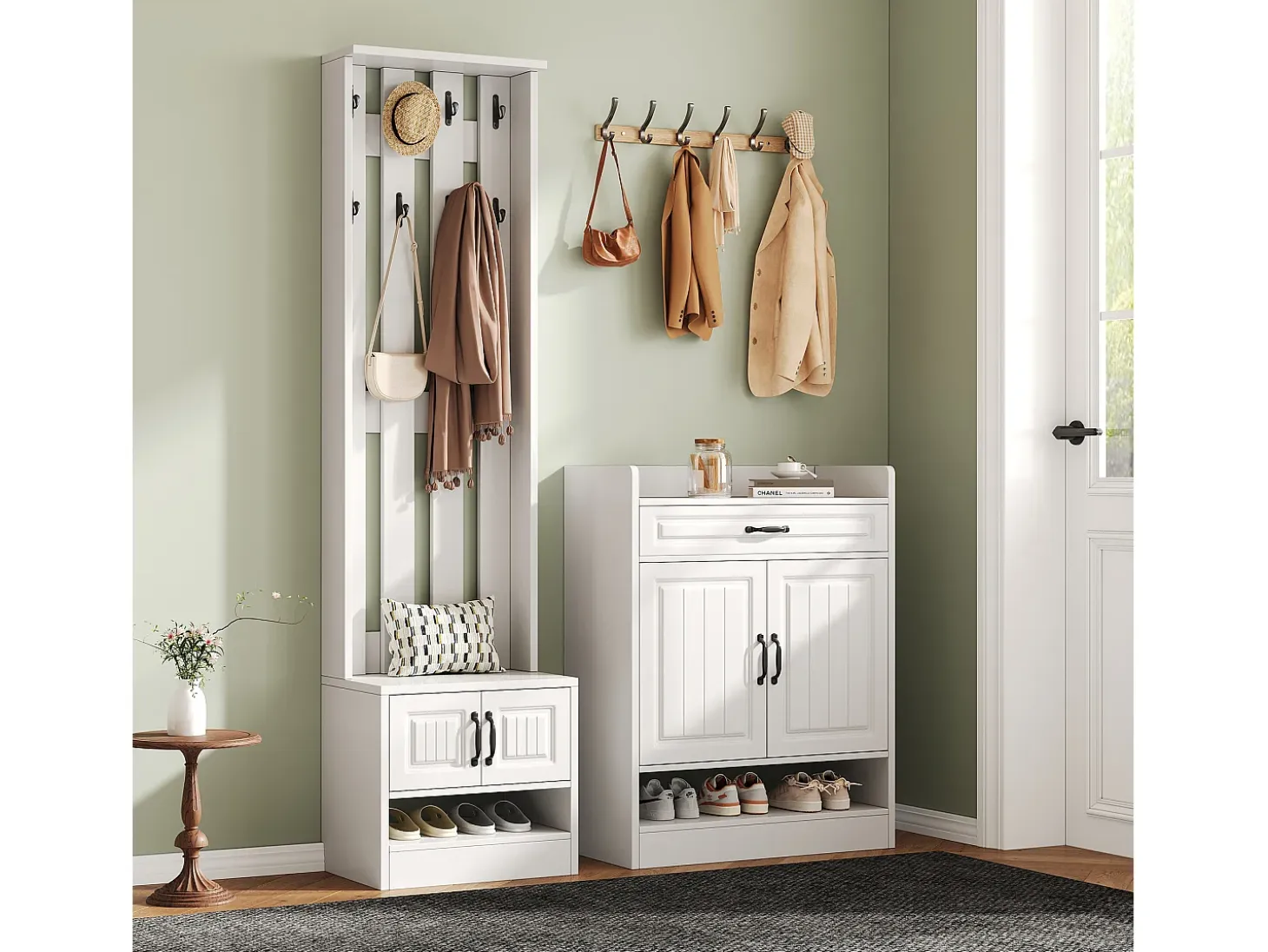 Conjunto de vestidor de entrada - 1 perchero y 1 mueble para zapatos - con 8 ganchos - Blanco