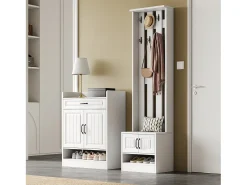 Conjunto de vestidor de entrada - 1 perchero y 1 mueble para zapatos - con 8 ganchos - Blanco