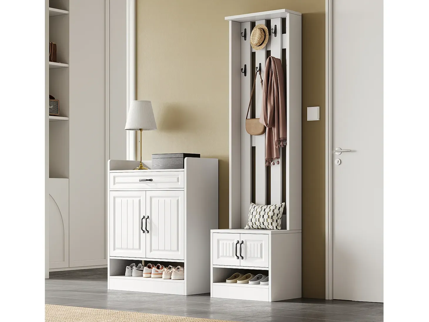 Conjunto de vestidor de entrada - 1 perchero y 1 mueble para zapatos - con 8 ganchos - Blanco