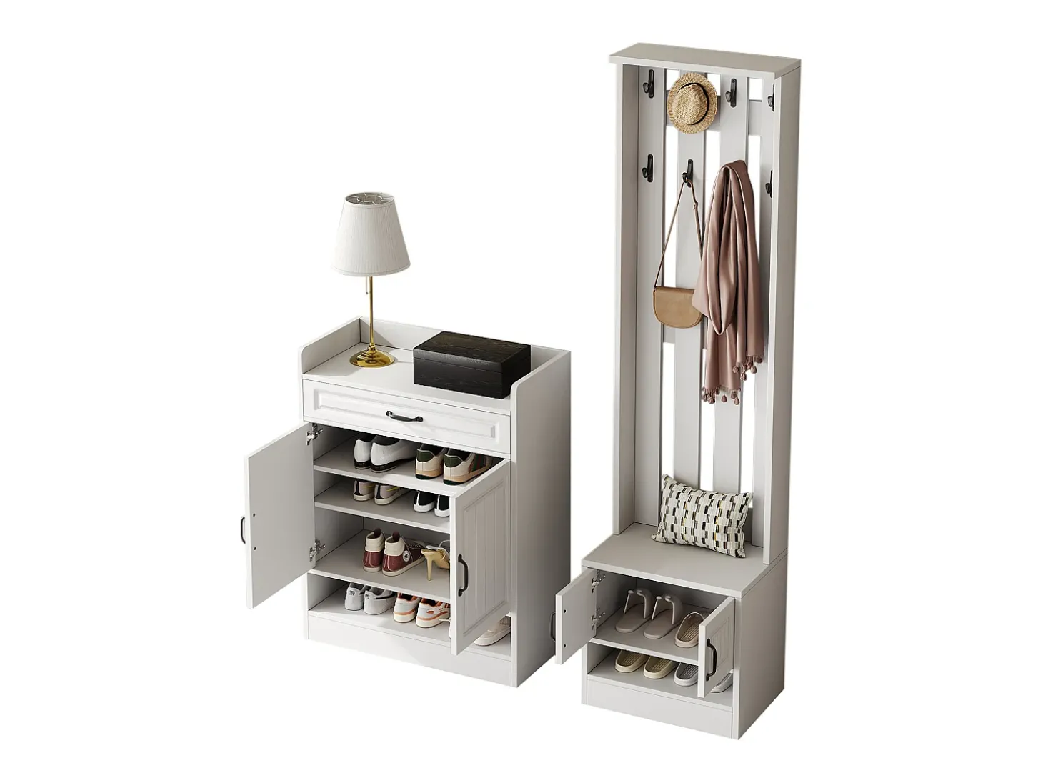 Conjunto de vestidor de entrada - 1 perchero y 1 mueble para zapatos - con 8 ganchos - Blanco