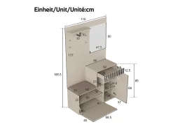 Conjunto de vestidor de entrada 110x37x185,5 cm - con espejo y ganchos - Mueble para zapatos y banco para calzado - Beige