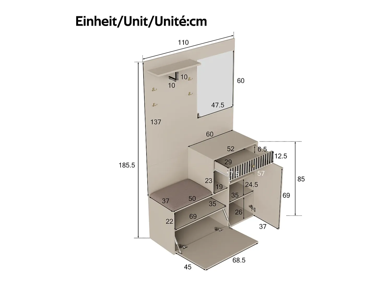 Conjunto de vestidor de entrada 110x37x185,5 cm - con espejo y ganchos - Mueble para zapatos y banco para calzado - Beige