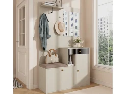Conjunto de vestidor de entrada 110x37x185,5 cm - con espejo y ganchos - Mueble para zapatos y banco para calzado - Beige