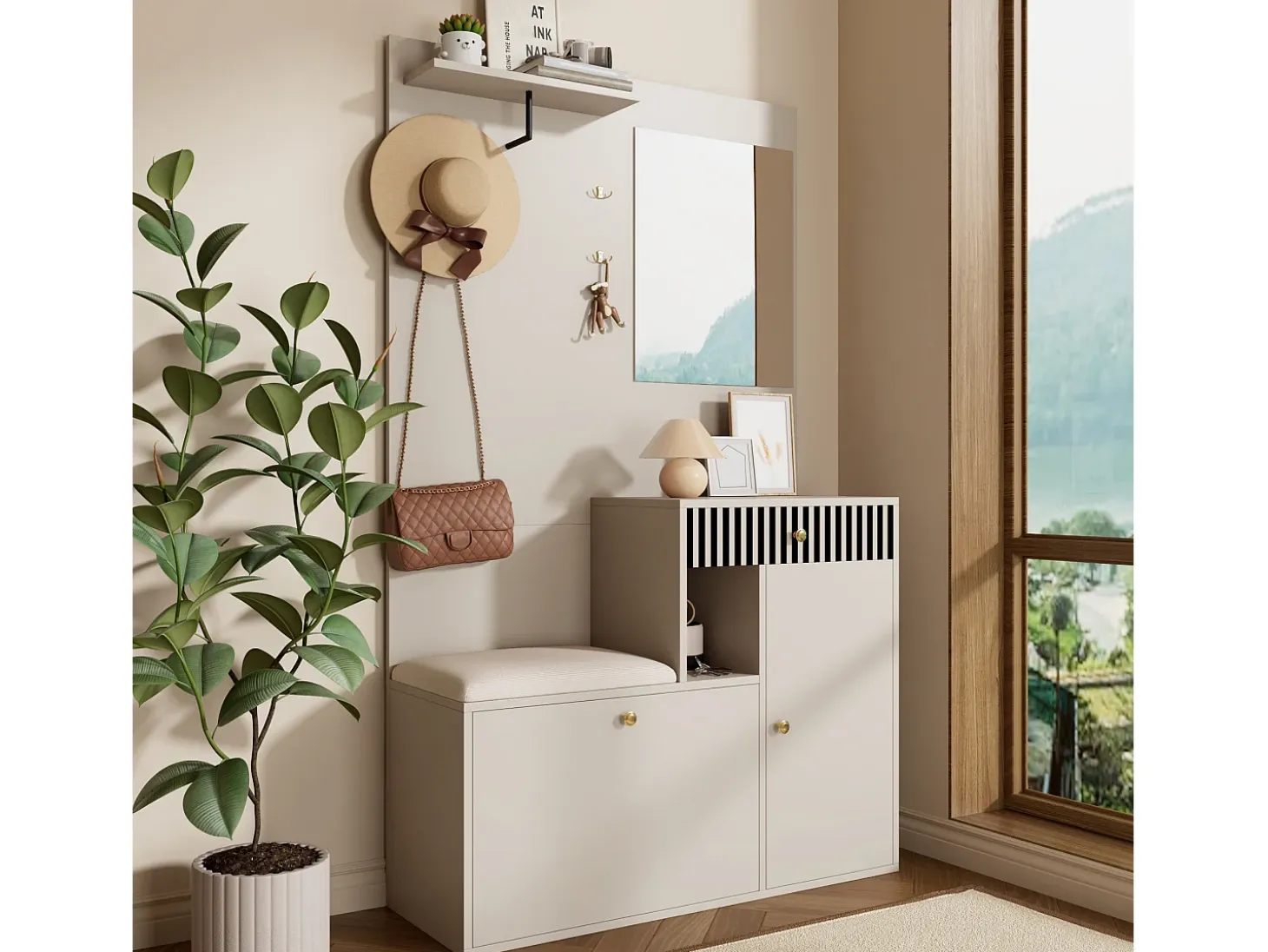 Conjunto de vestidor de entrada 110x37x185,5 cm - con espejo y ganchos - Mueble para zapatos y banco para calzado - Beige